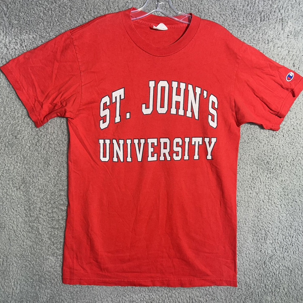 VTG Champion St John's University T Shirt Mens Sz M Red Storm Spell Out Logo Tee